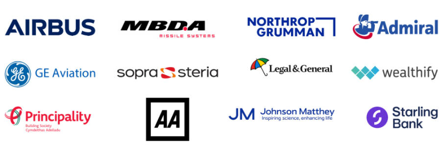 Airbus, MBDA, Northdrop Grumman, Admiral, GE Aviation, SopraSteria, Legal&General, Wealthify, Principality, AA, Johnson Matthey, Starling Bank